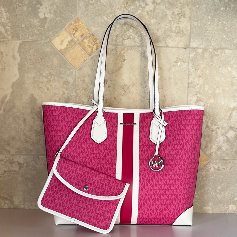 Michael Kors Eva LG Carryall Travel Shoulder Tote Bag + 1 pouch MK Dragon Fruit
